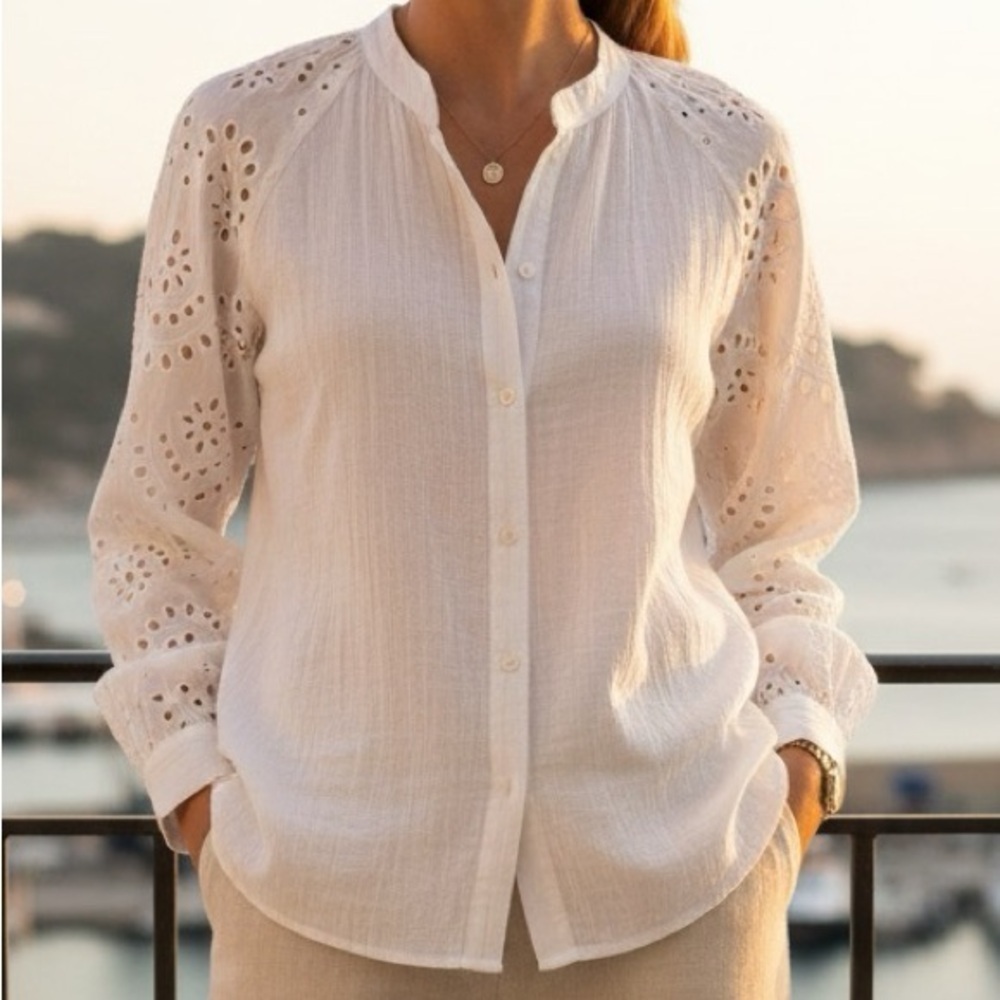ARTELIER BY NICOLE MILLER White Eyelet Long Sleeve Blouse